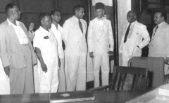 Muslim Parliamentarians M.M. Ebrahim, A.M. Merza, M.E.H. Mohamed Ali, Azeez, Sir Razik Fareed, H.S. Ismail and Dr. M.C.M. Kaleel after meeting Hon. C.W.W. Kannangara on the meat stall question and ahimsa agitation