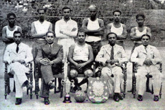 A.M.A, Azeez, President Kandy YMMA, with their Volley Ball team, champions in the Kandy Volley Ball League and Knock-out Tournament in 1945