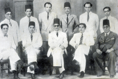 CMSF Committee of Management 1950. Seated (L-R): M.L.M. Mackeen, A.M.A. Azeez (Chairman), M.A.S. Marikar (President BoT), Dr. M. Mohideen Hassan (Secretary) & M. Mathany Ismail. Standing (L-R): Dr. A.R.M. Waffarn, A.J.M. Jameel, M. Rafeek, M.H.S. Marikar, M.H.M. Naina Marikar & M.U.M. Saleem.