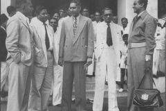 Azeez, Leaving on a Smith-Mundt scholarship to USA in 1952 seen off by Hon. Victor Ratnayake, M.D. Banda and A. Ratanayake and Peter Mallawarachi (also on scholarship)