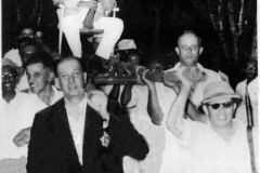 M.H.M. Ameen being carried soon after winning the Queens Cup at the Rifle      Range in 1957.