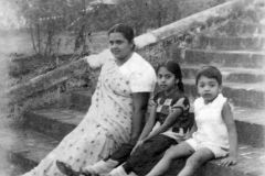 Ummu, Marina and Ali on the steps at 'Mount Airy' in Kandy in 1944